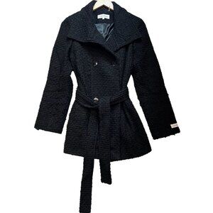 Calvin Klein Womens Basketweave Wool Double Breasted Peacoat Belted Size S Black